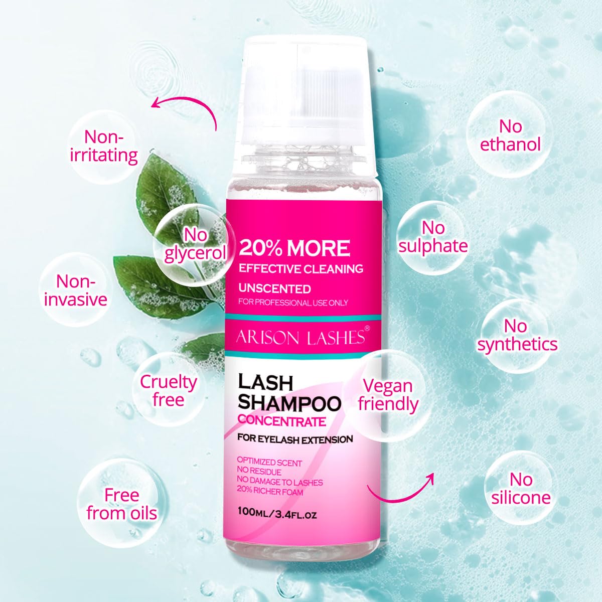 ARISON LASHES Lash Shampoo Concentrate for Lash Extensions 100ML Eyelash Cleanser Concentrate Oil-Free Eyelash Extension Shampoo with Salon Home Care(Unscente)