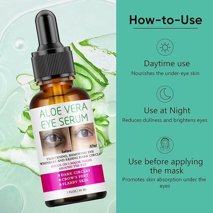 Aloe Vera Eye Serum Dark Circles Under Eye Treatment for Women to Reduce Appearance of Puffy Eyes Eye Bags Fine Lines and Wrinkles for All Skin Types, Beauty Skin Care Gift