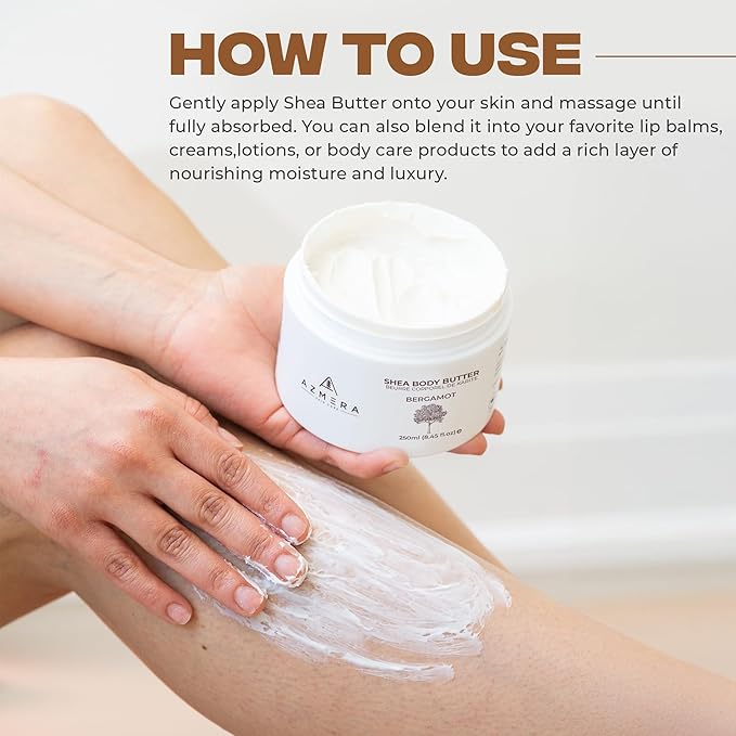 AZMERA Handcrafted Whipped Shea Body Butter – Luxurious Moisturizer for Dry, Sensitive Skin with Bergamot, Argan Oil & Vitamin E – Vegan, Non-Greasy Skincare – 8.82 oz