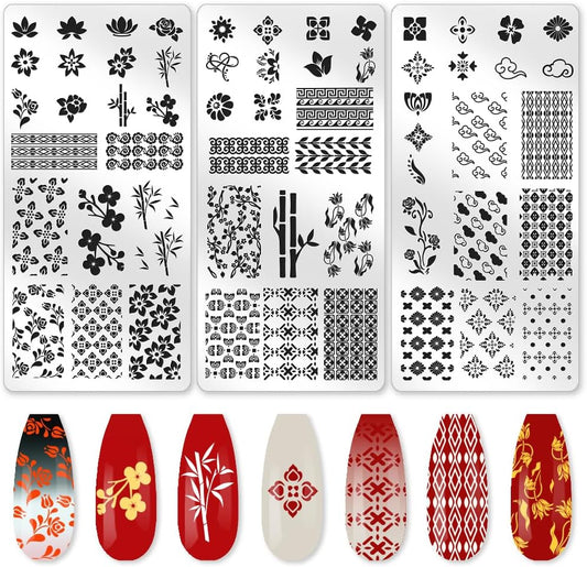 3Pcs Traditional Chinese Style Nail Stamping Plate Set Bamboo Floral Steel Nail Stamp Templates Clear Silicone Nails Stamping with Stamper Scraper for Manicure Printing