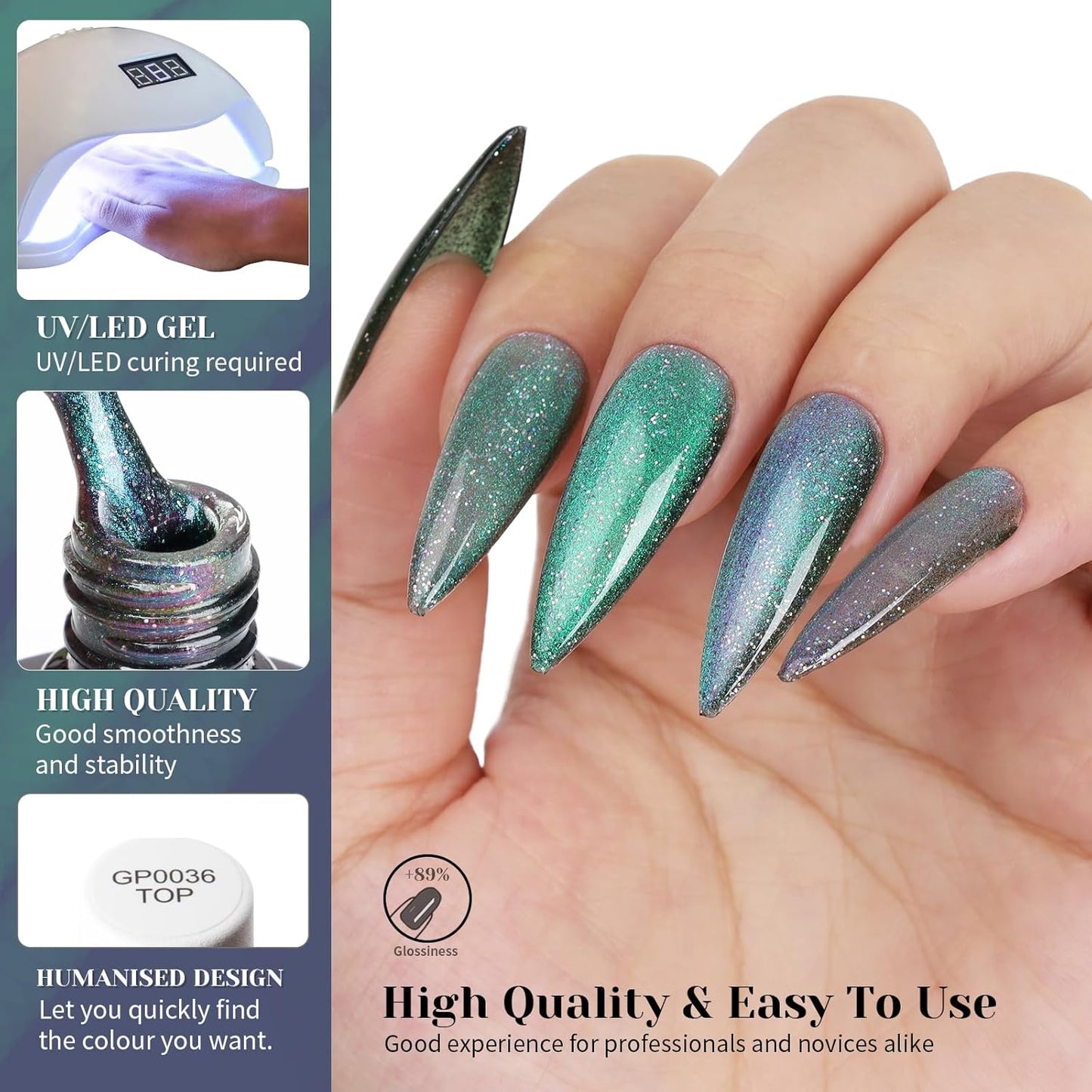 Aurora Green Cat Eye Gel Nail Polish,Iridescent Quicksand Galaxy Holographic Cateye Green Gel Polish with Magnet, Shimmer Velvet Soak Off Uv Led Home Diy Manicure GP0103