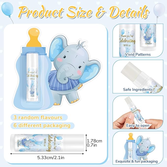 24 Set Baby Shower Lip Balm Bulk Baby Shower Party Favors Baby Shower Gifts for Guests Elephant Themed Decorations Natural Flavored Lip Moisturizer Lip Care Products for Girls Women Kids