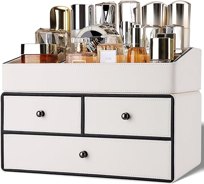 GORESE Leather Makeup Organizer with Drawers for Vanity, Stackable Skincare Holder Dresser Organizer Countertop, Make Up Storage Organizers Counter Cosmetic Display Case Gifts for Women(Cream White)