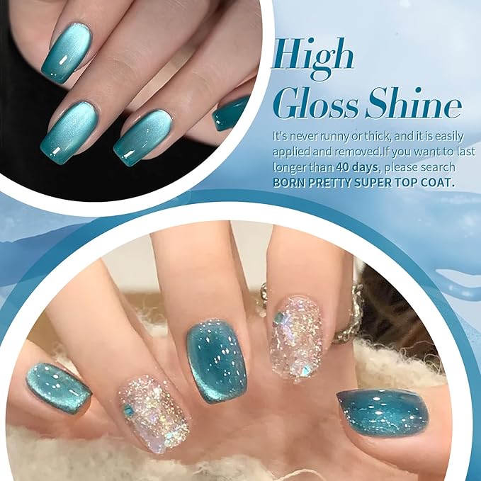 BORN PRETTY Magnetic Gel Nail Polish Blue Water Light Cat Magnetic Eye Gel Jelly Glass Crystal Magnetic Gel Polish Glitter Shimmer Auroras Magnetic Gel Nail Art Manicure Kit 6PCS