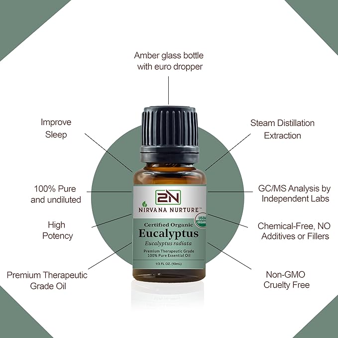 Eucalyptus Essential Oil USDA Certified Organic 100% Pure Premium Therapeutic Grade, Undiluted - Aromatherapy Diffuser for Calm and Relaxation, Skin Care, Hair Care