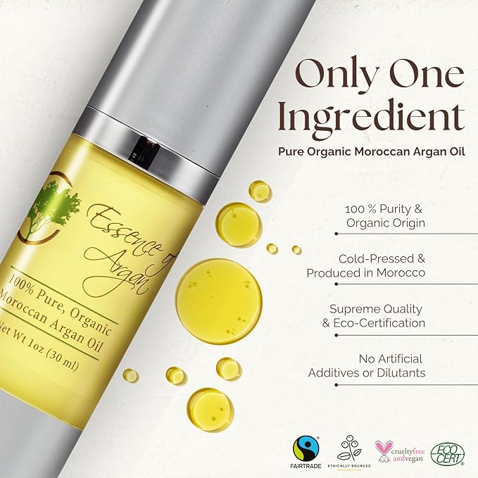 Essence of Argan 100% Pure Moroccan Organic Argan Oil - Natural EcoCert Oil that Nourishes and Conditions Your Skin, Hair and Nails (50ml/1.7oz)