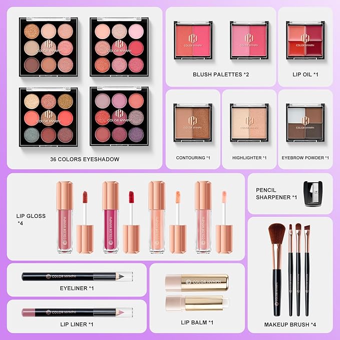 Color Nymph All in one Makeup Kit For Girls Teens, Makeup Set 4 Trays Spacious Space Train Case for Beginner with Eyeshadow Highlighter Lipgloss Blush Contour Concealer Brush Eyeliner Lipbalm