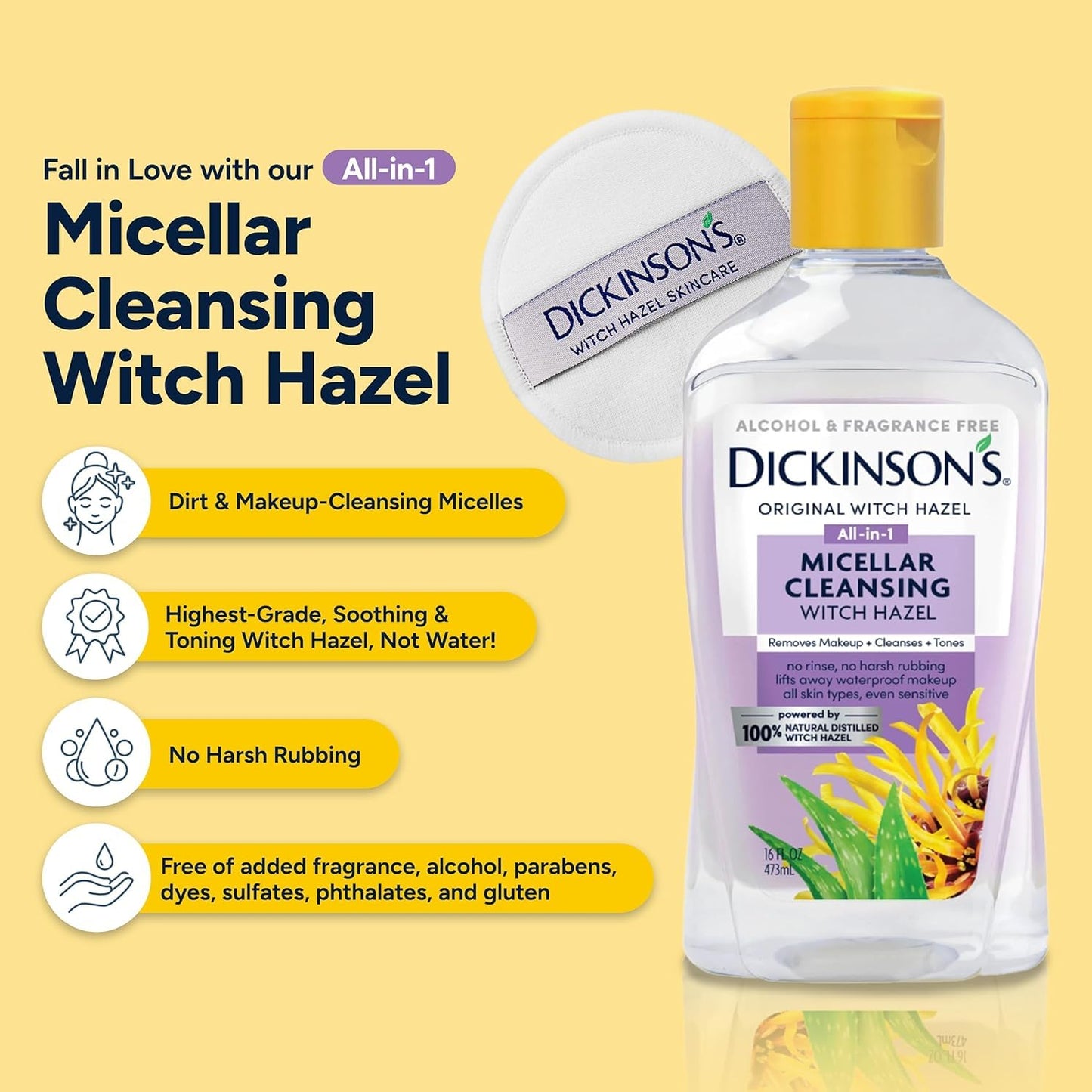 Dickinson's Micellar Cleansing Witch Hazel | 100% Natural Distilled Witch Hazel | Alcohol & Fragrance Free | Makeup Remover, Skin Cleanser, Facial Toner | Removes Dirt, Oil, Makeup | 8 Fl Oz