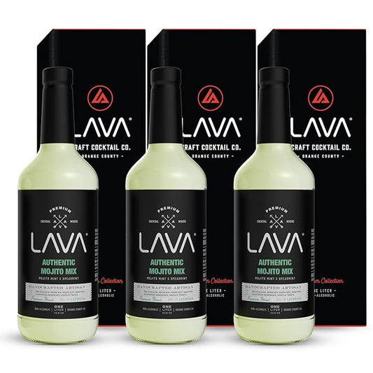 (3 Pack) LAVA Premium Authentic Mojito Mix, Made with Real Lime Juice, Mojito Mint, Spearmint, Demerara, Cane Sugar, Refreshing Rum Mojito Mixer. Ready to Use. 1-Liter (33.8oz) Glass Bottle