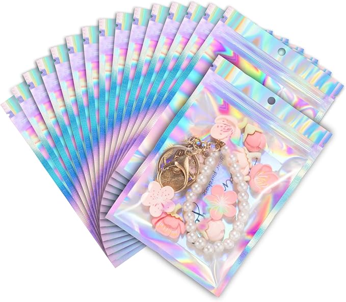 ANZNKU 100 Pack Mylar Bags Reasealable Holographic Bags, Smell Proof Bag Zipper Pouches with Clear Window, Jewelry Candy Sealable Bag for Packaging Sample Party Favor(7.1 x 10.2 Inch)