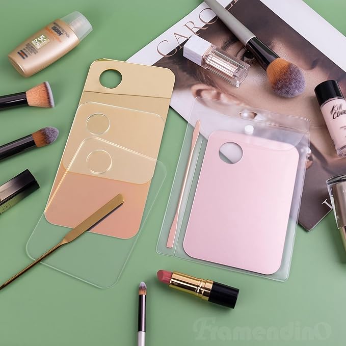 Framendino, 4 Pack Acrylic Cosmetic Makeup Palette Tray with 4 Pack Foundation Spatula Makeup Mixing Palette for Foundation Lipsticks Nail Art Beauty Salon