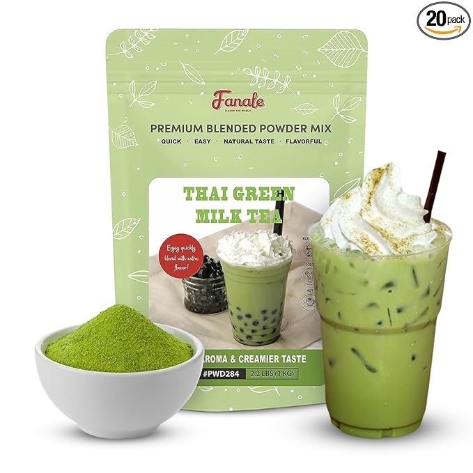 Fanale Premium Thai Green Bubble Tea Flavoring Powder for Boba Tea| Perfect for Baking, Smoothies, Desserts and Drinks | Instant Boba Bubble Tea Powder for Milk Tea - 2.2 Pounds (Pack of 20)