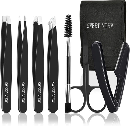 7pcs Eyebrow Tweezers Kit for Women Precision Plucker with Brow Scissors & Razor & Spoolie for Facial, Chin, Brow, Splinter and Ingrown Hair