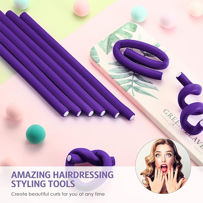 Syhood 30 Pcs 7'' Flexible Curling Rods Twist Foam Hair Rollers Soft Foam No Heat Hair Rods Rollers and 1 Steel Pintail Comb Rat Tail Comb for Women Long Short Hair(Purple,7 x 0.3 Inch)