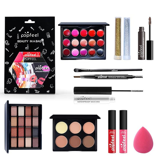 All-in-one Holiday Makeup Gift Set | Full Makeup Kit for Women Multipurpose Essential Bundle Include Eyeshadow Palette Lipstick Blush Concealer Face Powder Eyeliner Mascara Lipgloss Brush
