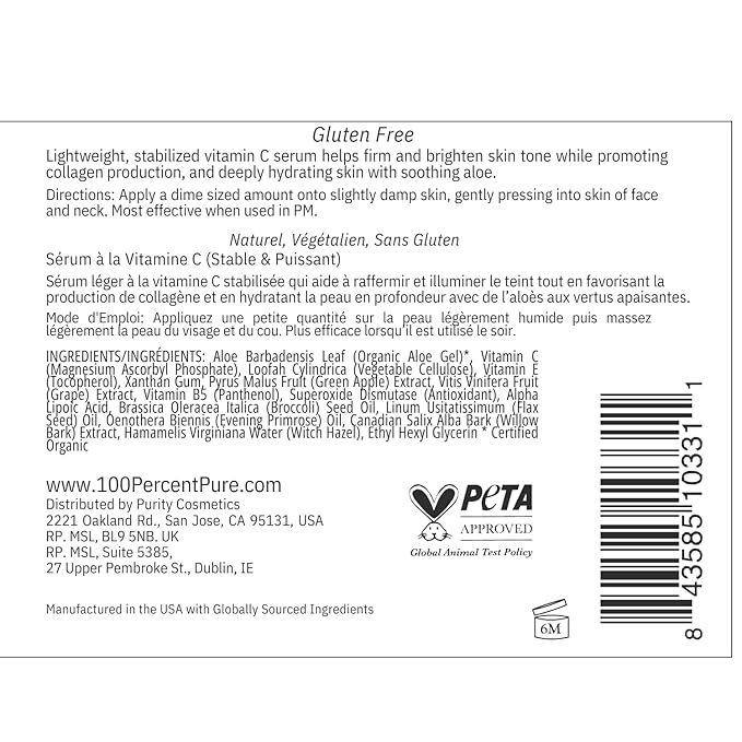 100% PURE Vitamin C Face Serum Hydrating Glow Skin Care with ALA Aloe + Vitamin E Oil - Daily Firming & Correcting Anti Aging Facial Moisturizer for Women & Men All Skin Types, Vegan - 1 Fl Oz