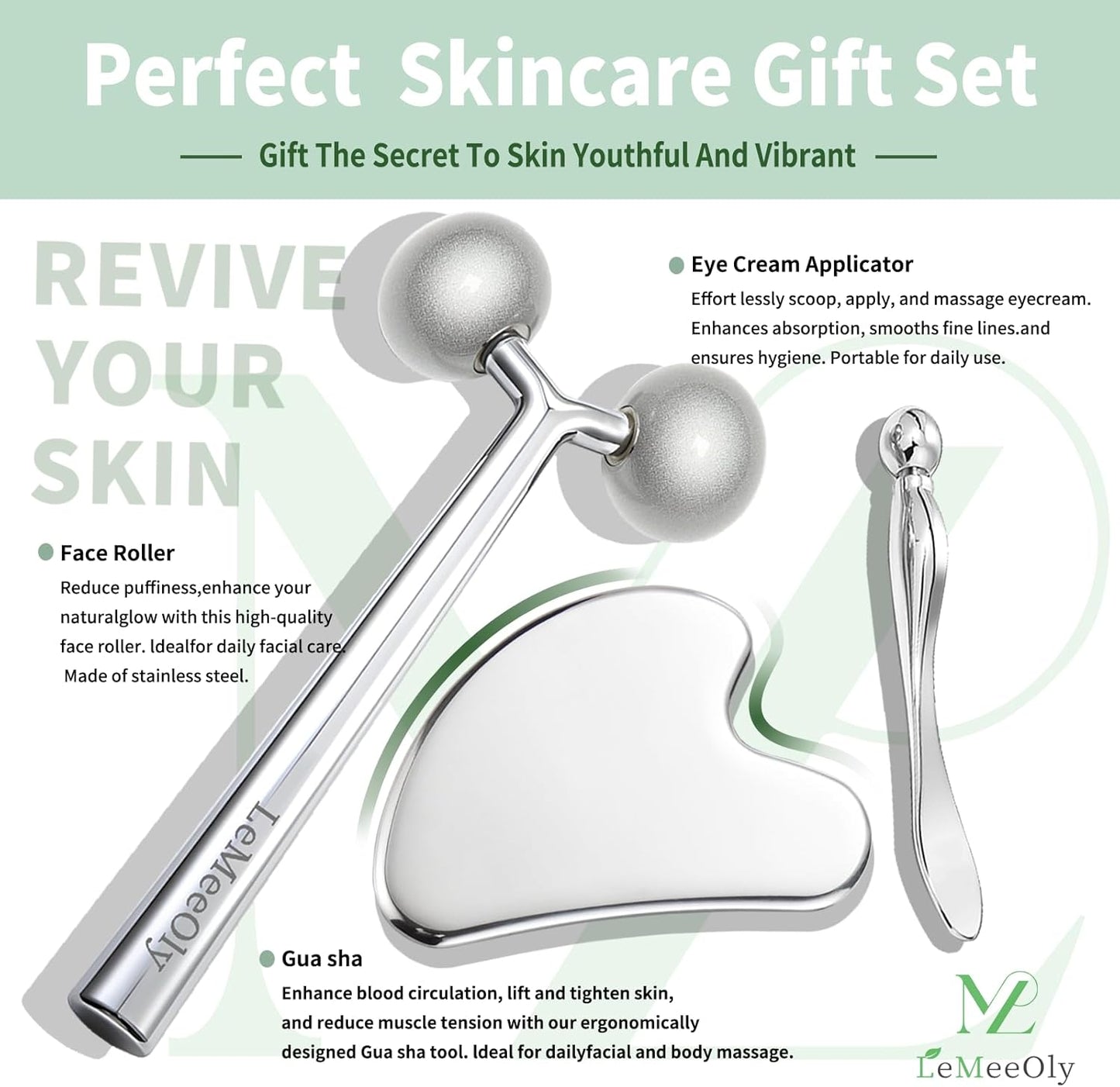 Gua Sha Facial Tools Stainless Steel & Face Roller Massager Skin, Facial Massage Skin Care for Face Neck Body, Reduce Puffiness Remove Wrinkles, Valentines Gift for Women