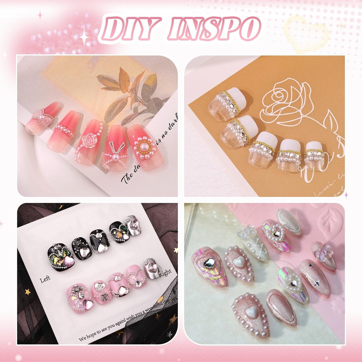 2 Boxes Flatback Pearls (White) and Metal Nail Beads (Silver+Gold) with Rhinestones Glue Gel for Nail Art, Pearl Nail Charms and Small Round Caviar Beads Nail Accessories for Manicure Decor