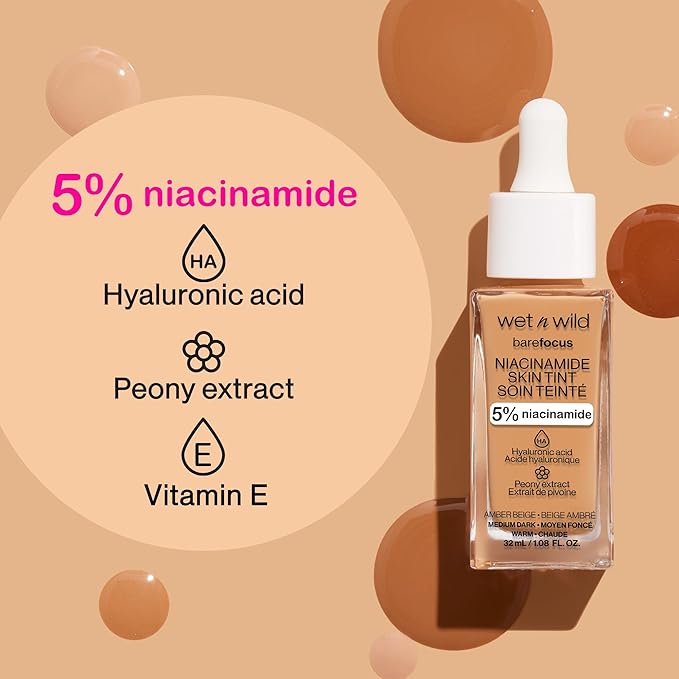 wet n wild Bare Focus Skin Tint,5% Niacinamide Enriched, Buildable Sheer Lightweight Coverage,Natural Radiant Finish,Hyaluronic & Vitamin Hydration Boost,Cruelty-Free & Vegan-Light Medium Sand