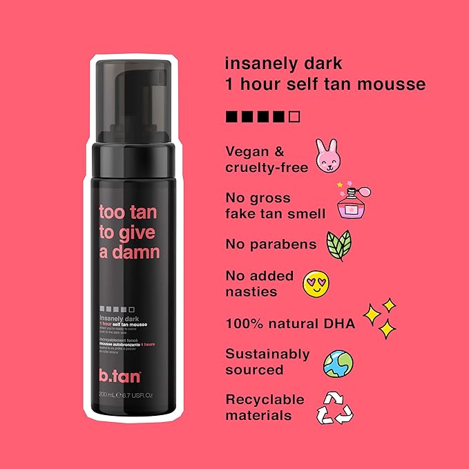 b.tan Ultra Dark Self Tanner Mousse | Too Tan - Best, 1 Hour Express Sunless Tanning Foam, Gold Bronzing Glow, No Fake Tan Smell, Face & Body, Vegan, Cruelty & Paraben Free, 6.7 Fl Oz