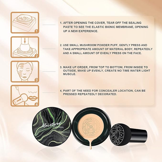 Mushroom Head Air Cushion CC Cream, Long-Lasting Brightening BB Cream Foundation With Powder Puff for Face Makeup and Mature Skin, Moisturizing Full Coverage Self Adjusting Concealer (Buff Beige)