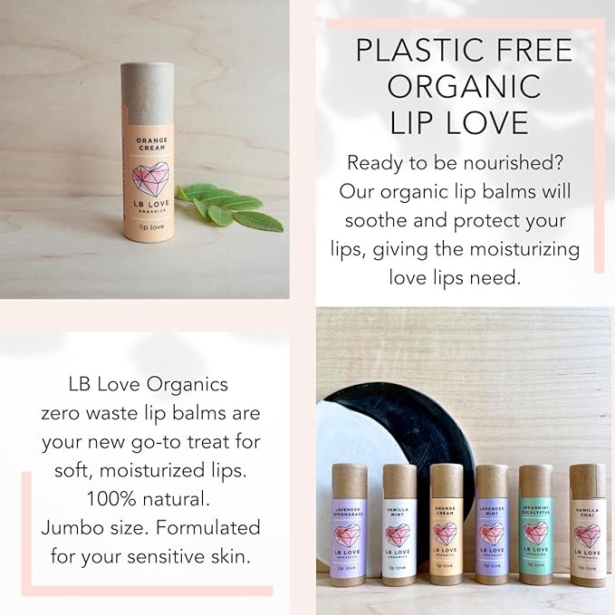 Plastic Free Lip Love | Jumbo Organic Lip Balm | Organic Beeswax and Plant Based | Zero Waste Natural Lip Balm (Vanilla Rose)