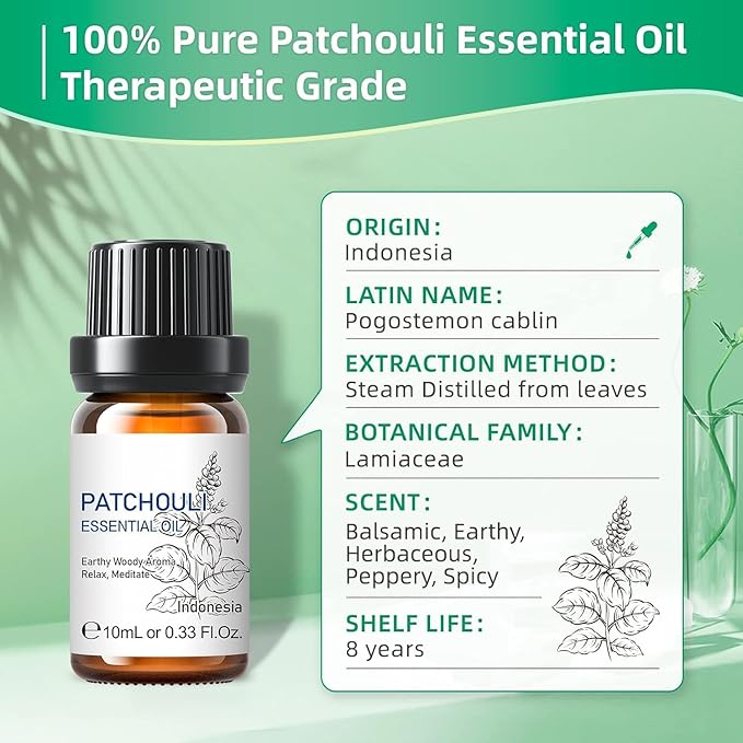 HIQILI 0.33Fl Oz Patchouli Essential Oil,100% Pure for Diffuser,Perfume DIY, Candle Soap Making-10ml