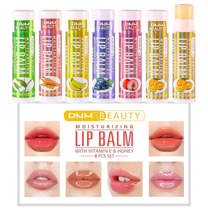 evpct 6Pcs Classic Fruit Flavour Flavored Lip Balm Set for Lip Care Chafed Chapped Cracked Lips, Natural Vitamin E & Honey Green Tea Carrot Banana Grape Peach Orange Moisturizing Mens Kids Lip Balm 3
