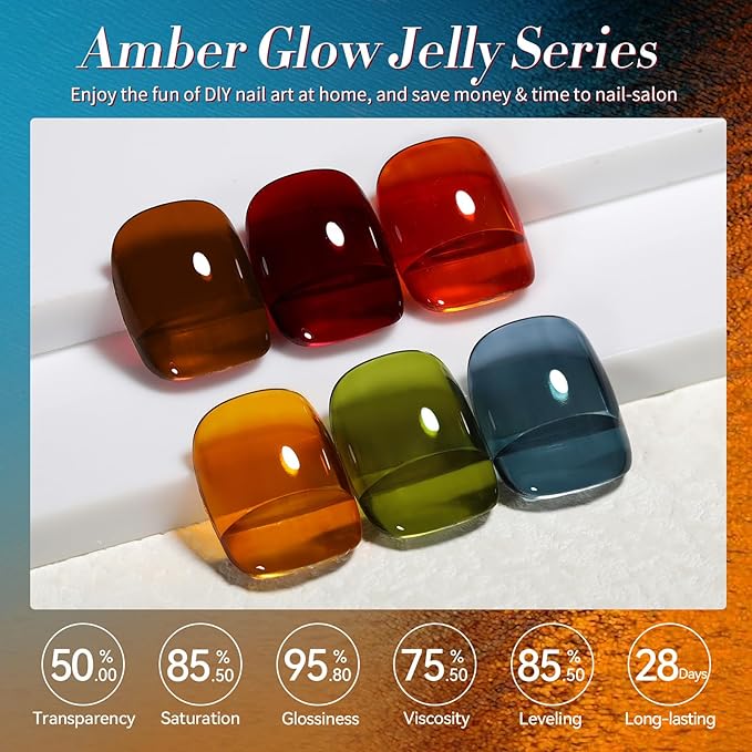 Born Pretty Jelly Gel Nail Polish, Sheer Transparent Crystal Gel Nail Polish, Christmas Brown Red Orange Green Blue Fall Winter Soak off Nail Polish Manicure DIY Home Salon Christmas Gift 7ml 6colors