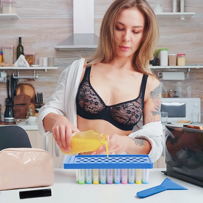 RONRONS Lip Balm Crafting Kit, Professional Lipsticks Filling Tray with 50 Small Holes and Spatula, Easy to Fill 50 Pieces Lipstick Tubes Containers for Business Gifts, Blue