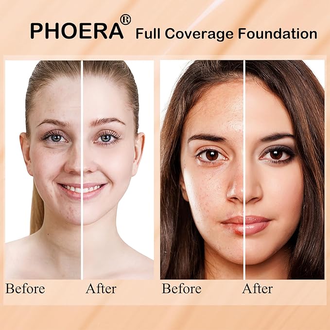 PHOERA Foundation Full Coverage,and Medium Coverage 2024 New PHOERA Foundation Makeup for Mature Skin, Lightweight Wrinkles Matte Natural Finish for a Flawless Complexion(102+N02/Nude+Nude)