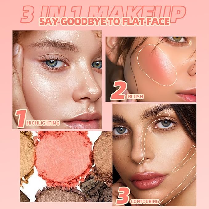3 in 1 Highlighter Contour Blush Makeup Palette, 3 Colors Matte Shimmer Brighten Highlighting Bronzing Blusher Eyeshadow Pallet, Long Lasting Full Face Eyes Contouring Shaping Makeup kit with Mirror