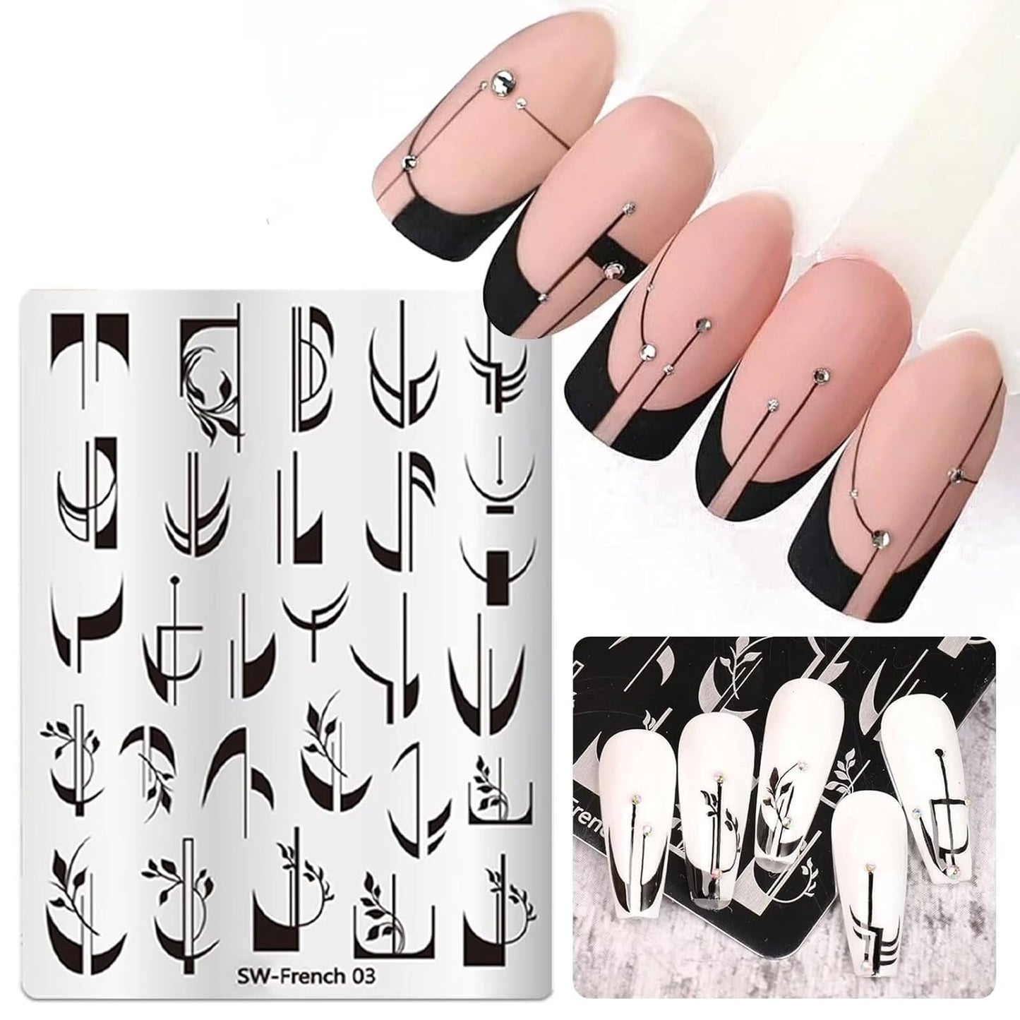 French Tip Nail Stamping Plate- 10 pcs Nail Stamper Kit Silicone Nail Stamper French Nail Stamp with Nail Art Stamps Storage Bag Nail Stamp Template Nail Supplies for Salon DIY