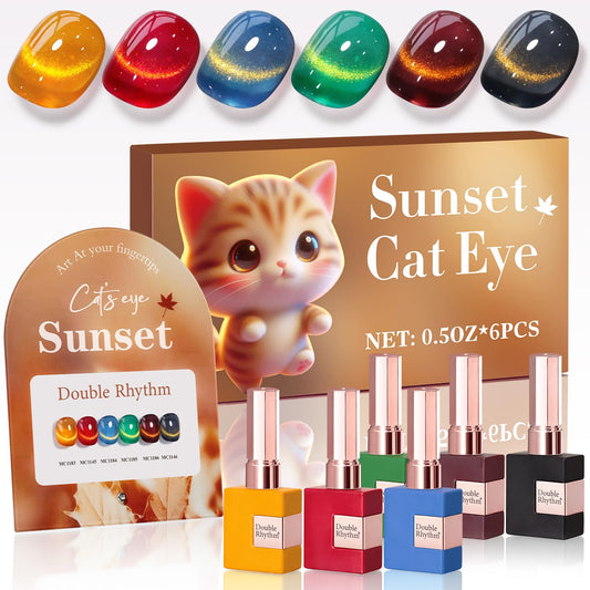 Double Rhythm Cat Eye Gel Nail Polish Set of 6 Same Color Same Bottle 0.5 Oz Shimmer Glitter with Magnet Holographic Reflective Magnetic UV Polish Kit (Golden Black Brown Red Blue Green-T6-33)