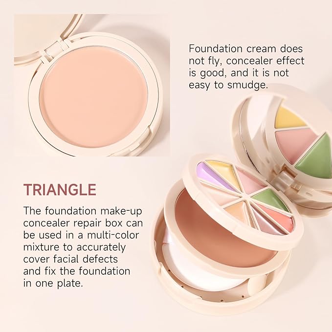 Foundation Concealer Palette with Makeup Sponges & Applicator, 11 Pcs Foundation Powder Concealers Eye shadows Blush Makeup Brushes, 2 in 1 Compact Contouring Duo Layer Plate, Pearl White