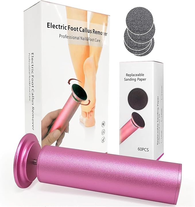 Electric Foot Callus Remover, Adjustable Foot Speed, Professional Foot Repair Tool, Equipped with 60 Pieces of Sandpaper, Suitable for Men and Women with Dead Skin calluses, Dry and Cracked, Pink