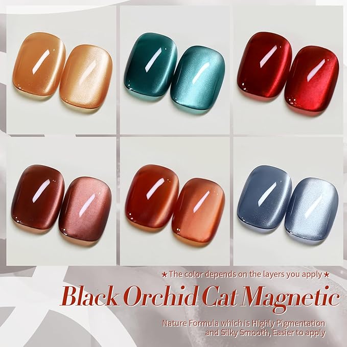 BORN PRETTY Magnetic Gel Nail Polish Water Light Cat Magnetic Eye Gel Black Orchid Jelly Glass Crystal Magnetic Gel Polish Glitter Shimmer Auroras Magnetic Gel Nail Art Manicure Kit 6PCS