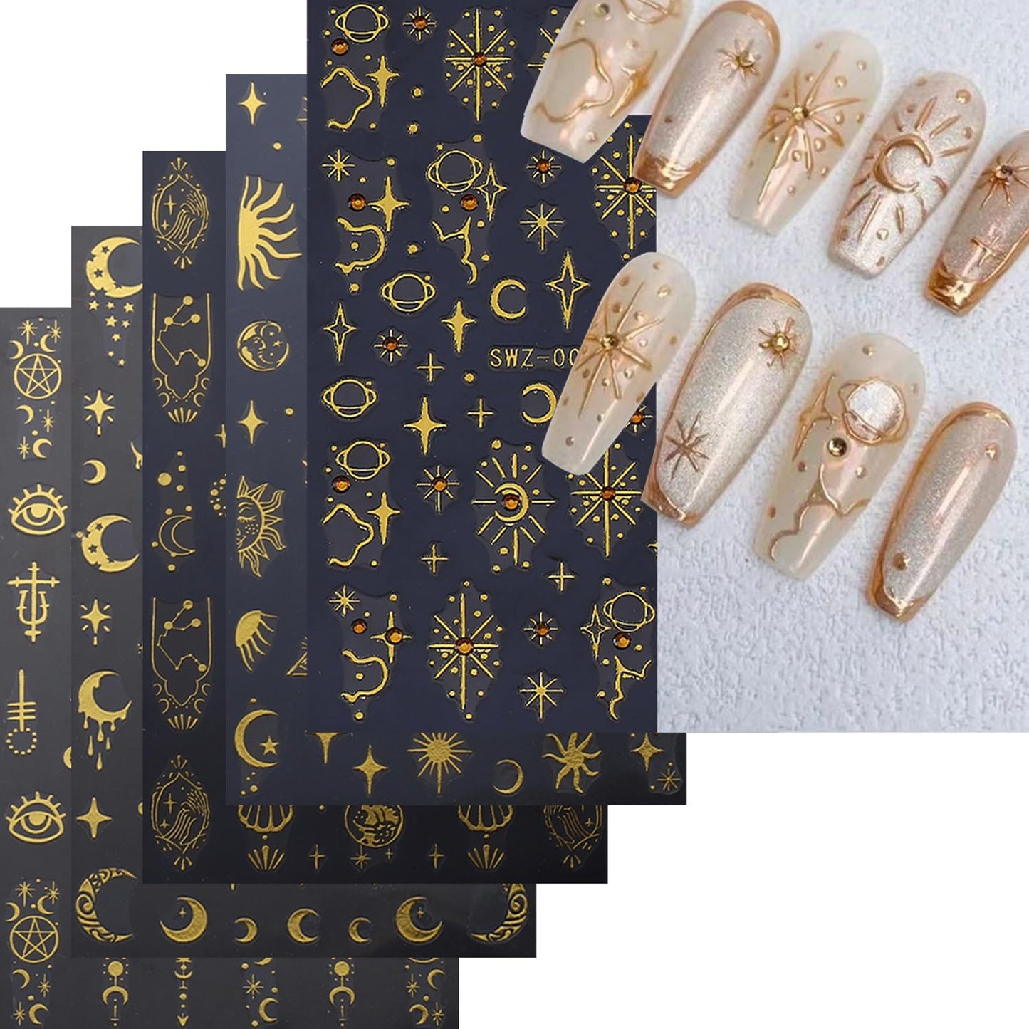5 Sheets Metallic Gold Nail Art Stickers 3D Self-Adhesive Nails Stickers Bohemian Sun Moon Hexagram 3D Decal Supplies Women DIY Gold Metal Nail Art Decoration