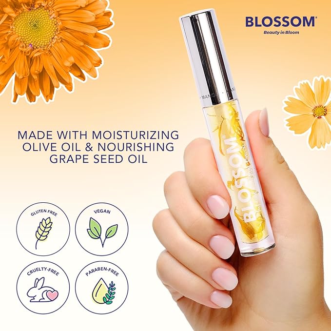 Blossom Moisturizing and Hydrating Shimmer Sparkle Lip Oil with Olive Oil + Grape Seed Oil, Infused with Real Flowers, 3g, Mango