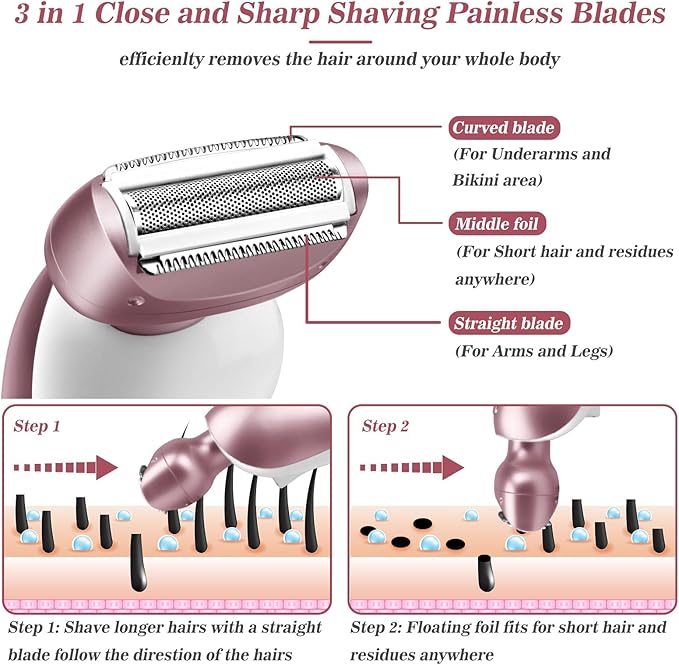 Electric Shaver for Women for Legs Bikini Trimmer Electric Razors for Women Underarm Public Hairs Rechargeable Womens Shaver Wet Dry Use Painless Cordless with Detachable Head (Pink)