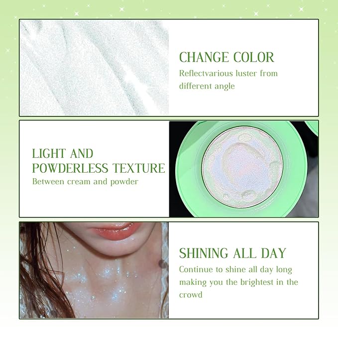 Highlighter Palette, Chameleon Face Shimmer Blush Makeup, Multichrome Glitter Holographic Iridescent Blue Sparkle, Rainbow Color Shifting Eyeshadow Cheek Contour Highlight Creamy Powder Pallet