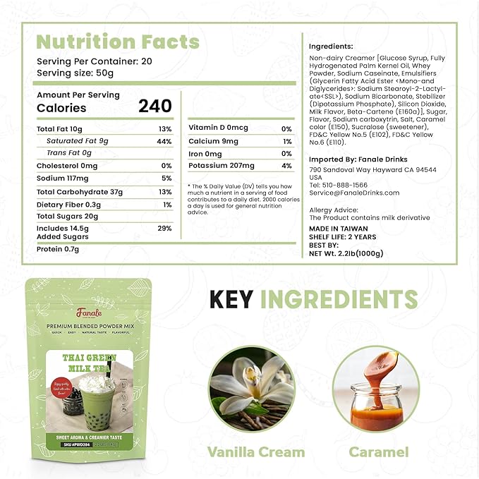 Fanale Premium Thai Green Bubble Tea Flavoring Powder for Boba Tea| Perfect for Baking, Smoothies, Desserts and Drinks | Instant Boba Bubble Tea Powder for Milk Tea - 2.2 Pounds (Pack of 20)