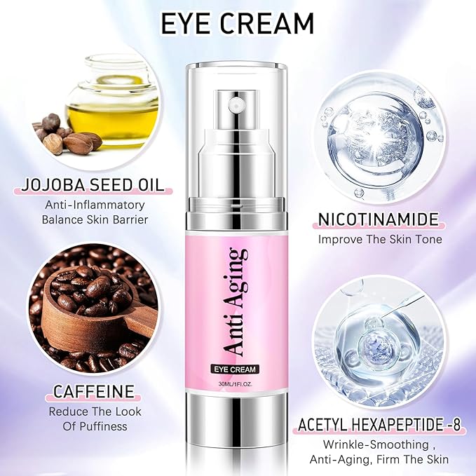 5% Caffeine Eye Cream Eye Serum Kit for Dark Circles Under Eye Treatment For Puffiness Bags And Wrinkles Eye Cream Anti Aging Eye Serum & Eye Roller 2 Fl Oz