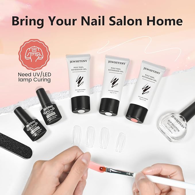 JEWHITENY Poly Nail Gel Set Clear Pink White Poly Extension Gel With Base Coat Top Coat Slip Solution French Manicure Need U V Lamp Curing for Finger Art and Home DIY