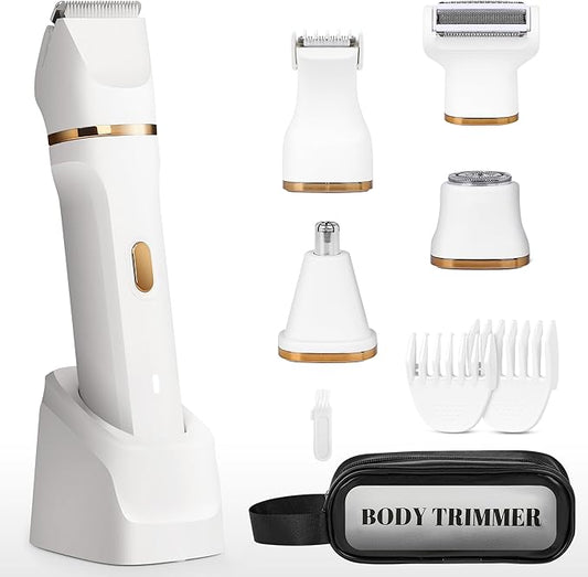 Electric Bikini Trimmer for Women - 5 in 1 Rechargeable Electric Razors for Women, IPX7 Waterproof Pubic Hair Trimmer, Painless Womens Body Shaver, Facial Razor & Nose Hair Shaver, White