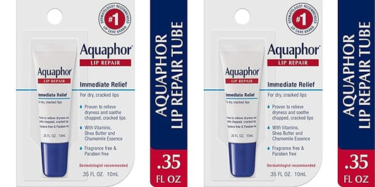 Aquaphor Lip Repair Ointment - Long-lasting Moisture to Soothe Dry Chapped Lips - .35 fl. oz. Tube (Pack of 2)