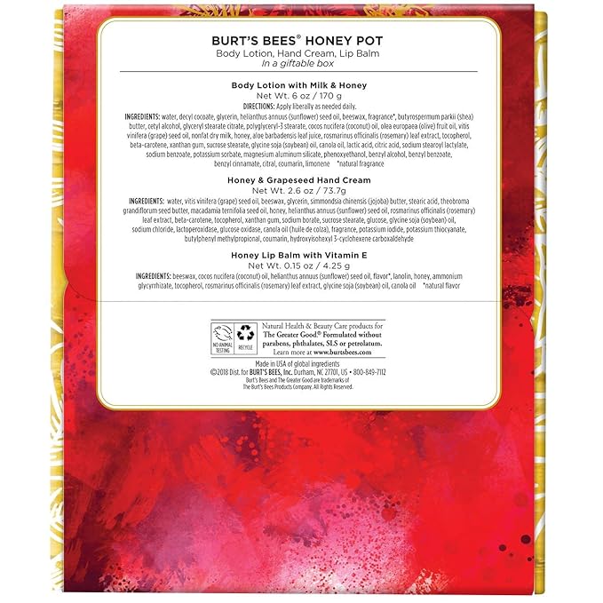 Burt's Bees Honey Pot Holiday Gift Set, 3 Honey Skin Care Products - Milk & Honey Body Lotion, Honey & Grapeseed Hand Cream and Honey Lip Balm