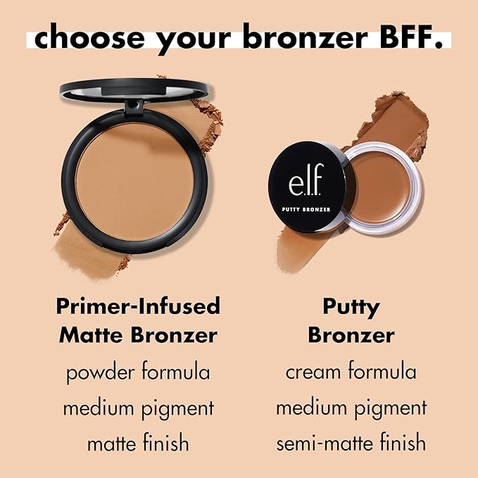 e.l.f. Primer-Infused Bronzer, Long-Lasting, Lightweight & Buildable Powder Bronzer, Delivers A Matte Finish, Vegan & Cruelty-Free, Tan O' Clock