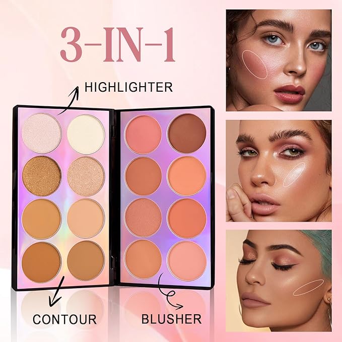 Coosa Blush Palette, Highlighter Contour Makeup Palette, Blush for Cheeks, All-In-One Bronzer Bright Shimmer Cosmetics Sets for Eyes, Lips & Cheeks