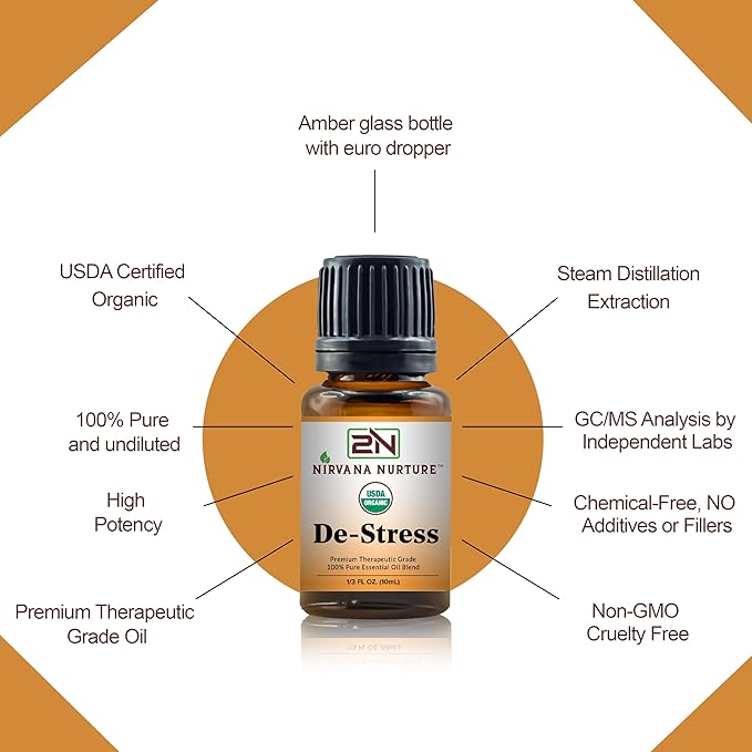 De Stress Blend USDA Organic, 100% Pure and Premium, Undiluted, Ease Stress, Aromatherapy, Mood Booster, Calm, Relax